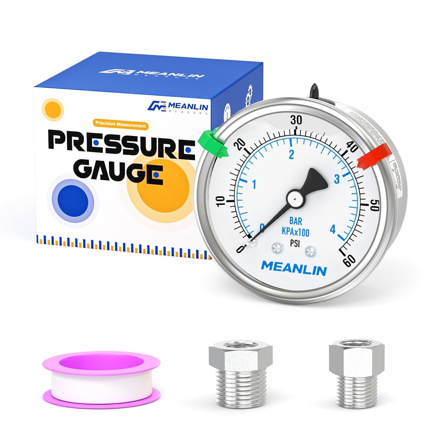 MEANLIN MEASURE 0~60Psi Stainless Steel Liquid Filled Pressure Gauge 2.5" FACE DIAL 1/4" NPT for Pool Filter Pump Water Oil Air Compressor Back Mount with Stainless Steel Hex Bushing and Snaps
