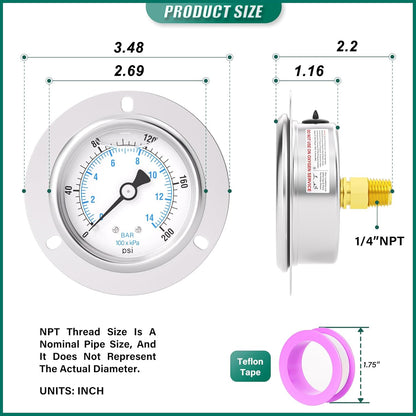 0-200PSI Panel Mount Front Flanged Glycerin Filled Pressure Gauge, 2.5" Dial Size, 1/4" MNPT Back Mount, Stainless Steel Case, with Phillips Screw and Nut, for Water, Gas, Liquid Pressure