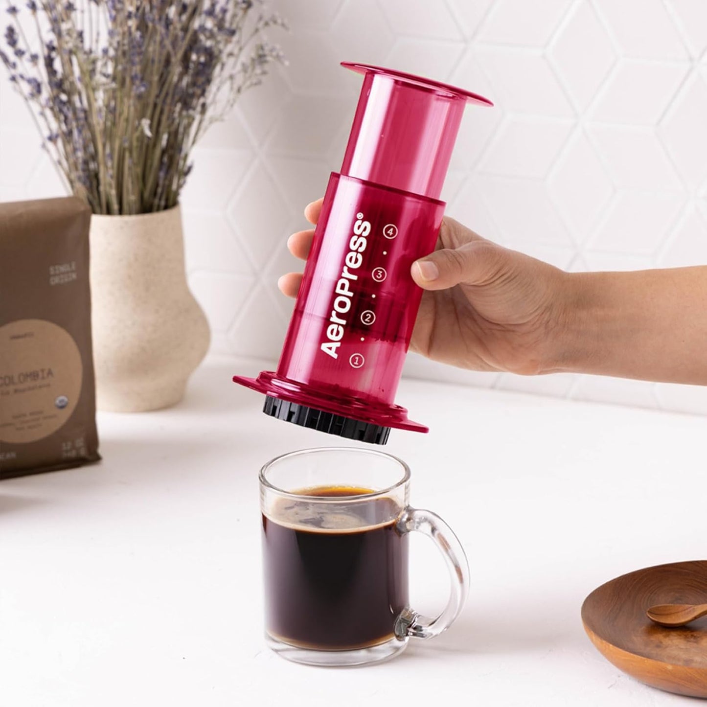 AeroPress Clear Pink Coffee Press – 3 In 1 Brew Method Combines French Press, Espresso, Full Bodied Coffee Without Grit or Bitterness, Small Portable Coffee Maker for Camping & Travel, Pink
