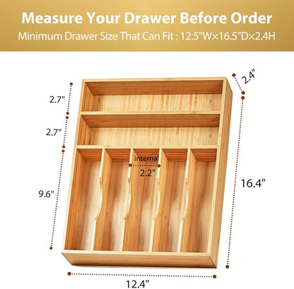 Umilife Kitchen Drawer Organizer, 12.5 Inch Silverware Utensil Tray Holder, Extra Deep, with Non-Slip Feet & Grooved Drawer Divider, 7 Slots Total Bamboo Wood Caddy for Flatware Cutlery Knives