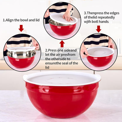 Red Mixing Bowls with Lids Set of 7, Stainless Steel Nesting Bowl with Khaki Lid for Non-slip Mixing Prepping Storing Serving, 7 Sizes-7/3.6/2.7/2.1/1.5/1/0.8 QT