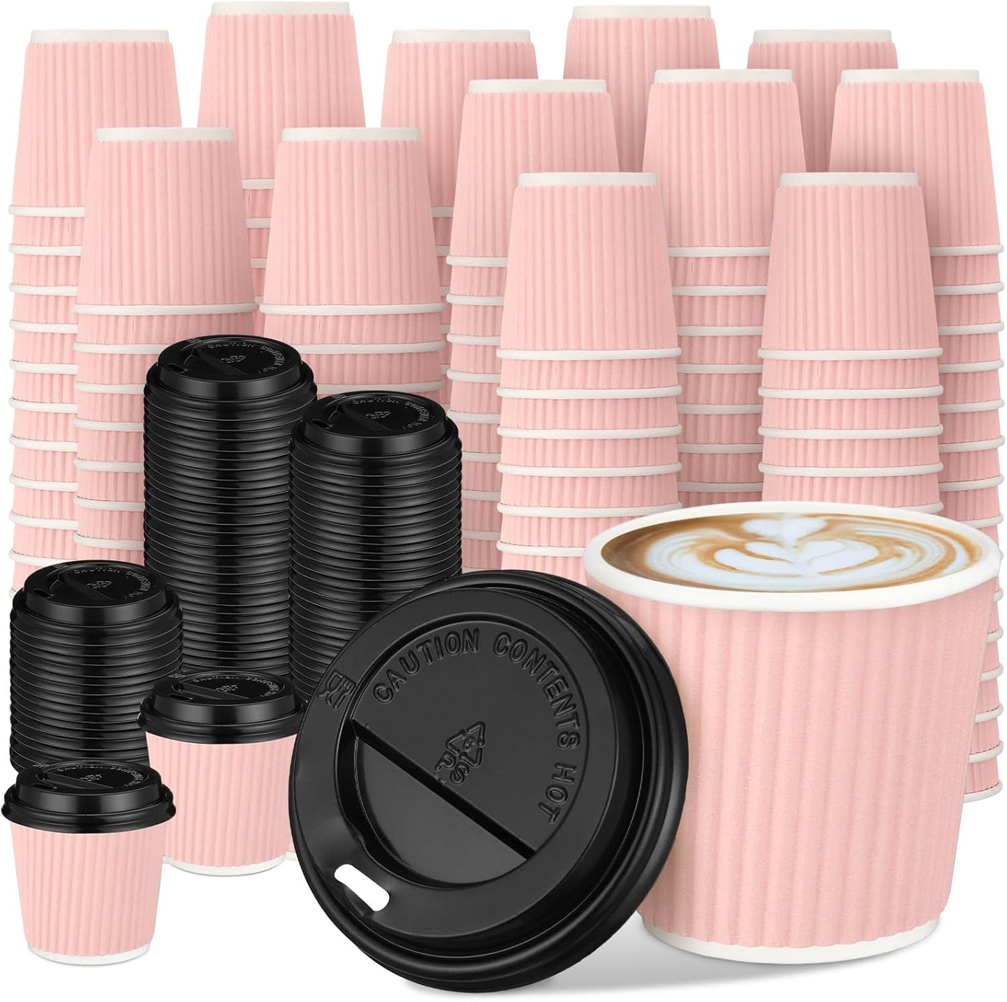 Uiifan 100 Set 4oz Disposable Espresso Cups with Lids Ripple Corrugated Paper Disposable Coffee Insulated Hot Ripple Cups for hot Chocolate, Tea, and Cocoa Drinks(Pink)