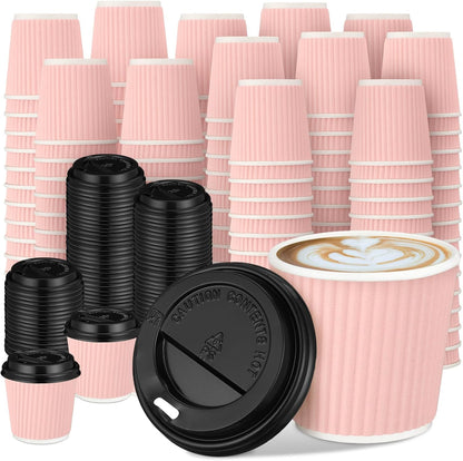 Uiifan 100 Set 4oz Disposable Espresso Cups with Lids Ripple Corrugated Paper Disposable Coffee Insulated Hot Ripple Cups for hot Chocolate, Tea, and Cocoa Drinks(Pink)