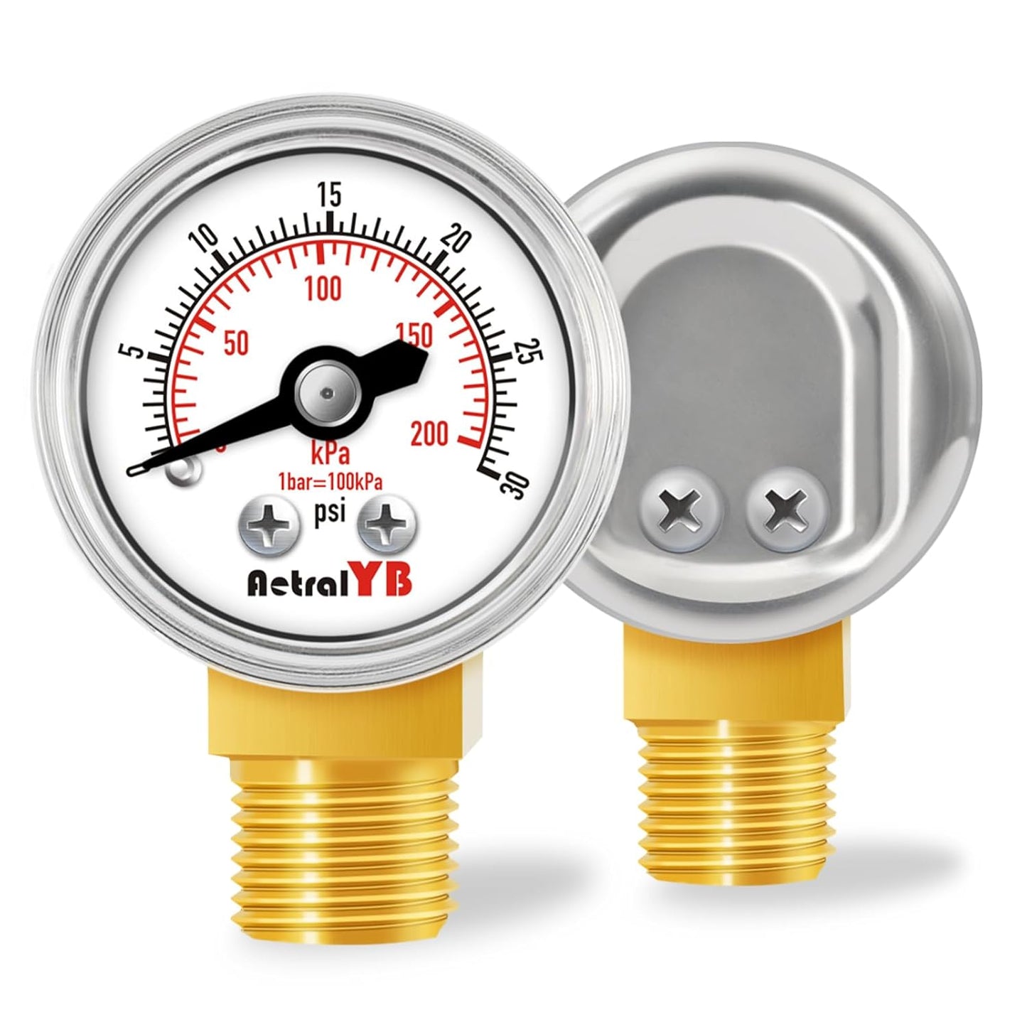 1-Inch Mini Pressure Gauge, 0-30 PSI / 0-200 kPa, Compact Dual-Scale Gauge, 1/8” NPT Bottom Mount, Stainless Steel Case for Coffee Machines, Airbrush Systems, Sprayers, and Pneumatic Tools
