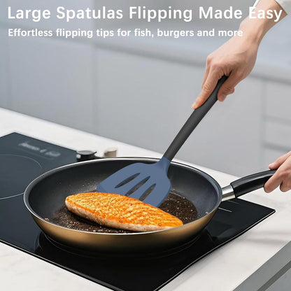 Coukre Silicone Spatula Set of 3, High Heat Resistant, BPA-Free, Kitchen Utensils, Fish Spatula, Solid & Slotted Turner for Non-Stick Pans, Flipping Eggs, Pancakes, Fish, Burgers (3, DarkBlue)