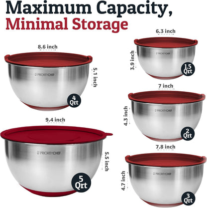 Priority Chef Stainless Steel Mixing Bowls with Lids Set, 3 Grater Attachments, Airtight Lids, Non-Slip Silicone Base Mixing Bowl Set, Large Prep Metal Mixing Bowls for Kitchen, Red