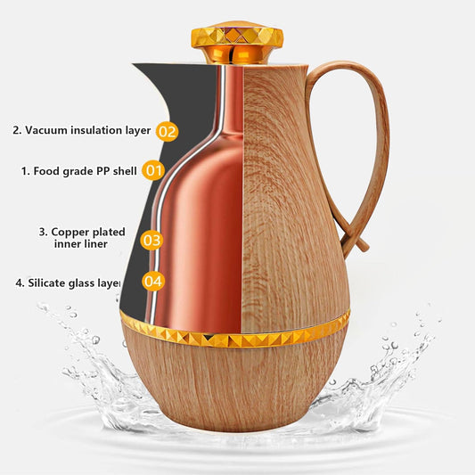 Insulated Thermal Coffee Carafe, 33 oz, Luxury Arabic-Style Insulated Carafe Flask, Coffee Tea Pot, with Spout and Glass Liner for Hot Cold Water, Housewarming Ornaments (Wood Color)