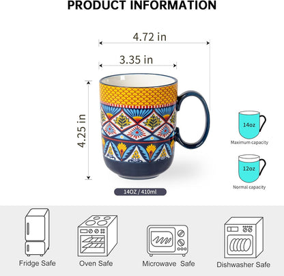 HENXFEN LEAD Coffee Mugs Set 14 Ounce - Multicolor Porcelain Cups for Latte, Hot Tea, Cappuccino, Cocoa, Soup, Dishwasher, Microwave Safe, Christmas Gift Set of 6 - Bohemian Style