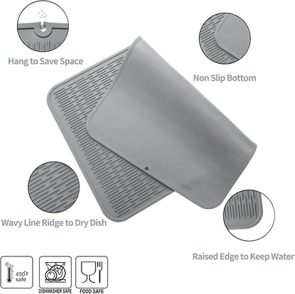 Silicone Dish Drying Mat for Multiple Usage,Easy clean,Eco-friendly,Heat-resistant Silicone Mat for Kitchen Counter or Sink,Refrigerator or Drawer Liner Grey 4XL 32 inches x 18 inches