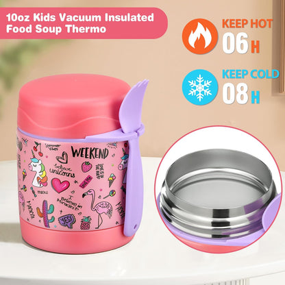 Bento Lunch Box Set With 10oz Soup Thermo, Leak-proof Lunch Containers with 4 Compartment, Kids Hot Thermo Food Jar/Insulation Lunch Bag, Food Containers for School（Flamingo）