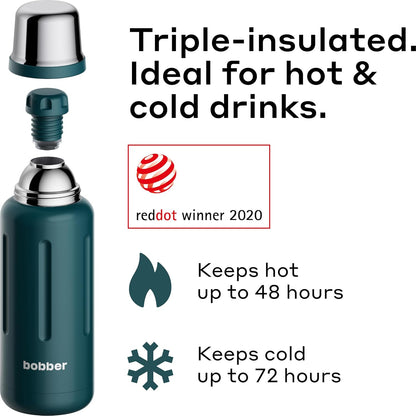 BOBBER 34 oz Stainless Steel Travel Thermos for Hot and Cold Drinks – Dishwasher Safe Metal Water Bottle with Cup Lid – Keeps Hot for 48 Hours – BPA-Free, Vacuum Insulated (Deep Teal)