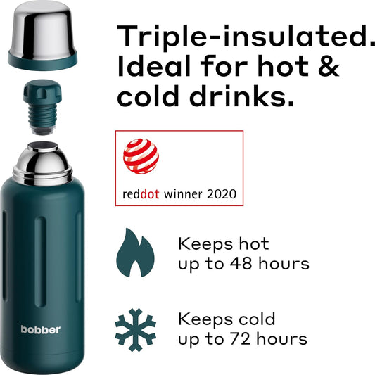 BOBBER 34 oz Stainless Steel Travel Thermos for Hot and Cold Drinks – Dishwasher Safe Metal Water Bottle with Cup Lid – Keeps Hot for 48 Hours – BPA-Free, Vacuum Insulated (Deep Teal)