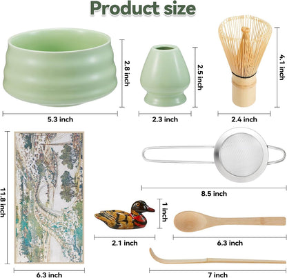 Japanese matcha set, matcha whisk and bowl, matcha sieve, matcha whisk holder, and matcha spoon - 8pcs Matcha Set (green)