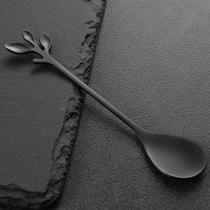 AnSaw 8-Pack Elegant Black Leaf 4.7" Espresso Spoons - Stainless Steel, Perfect for Coffee, Demitasse, Dessert & Tea, Mini Size for Small Servings