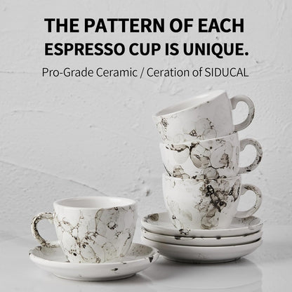 SIDUCAL Espresso Cups Set of 4,6 Ounce Ceramic Coffee Cups with Saucers,Porcelain Double Espresso Cup Set,Gift Box for Boyfriend Gift(White)