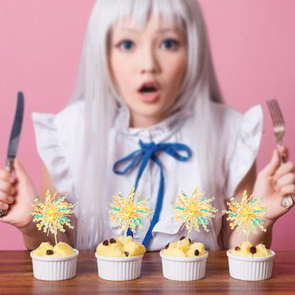 Gyufise 20Pcs Foil Firework Cupcake Toppers Happy Birthday Cake Toppers Tinsel Flower Drink Stirrers Cocktail Food Fruit Toothpicks for Valentine's Day Party Birthday Wedding Supplies Yellow