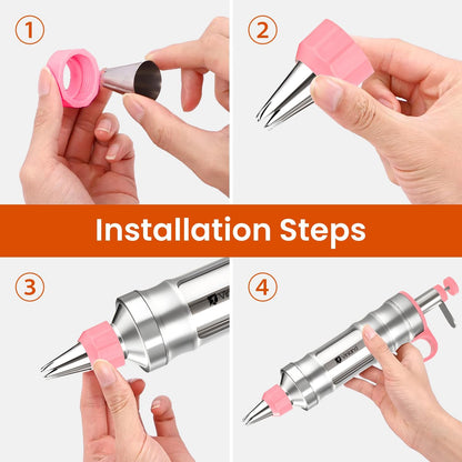 Dessert Decorating Syringe Set Icing Piping Kit Frosting Piping Kit Stainless Steels Cake Decorating Kit with 10 food grade stainless steel piping tips & 50 Disposable Piping Bags, Pink
