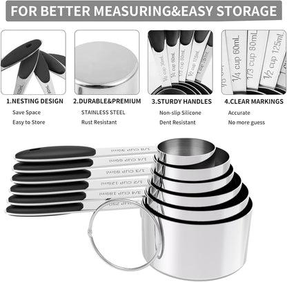 TILUCK Measuring Cups and Spoons Set, Stainless Steel, Kitchen Utensils for Cooking and Baking (11, Black)
