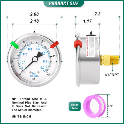 0-10PSI Stainless Steel Liquid Filled Pressure Gauge, 2.5" Dial Size, 1/4" NPT Back Mount, for Tube, Water Pump, Gas, Liquid, Pressure Test (with Range Mark Pointer)