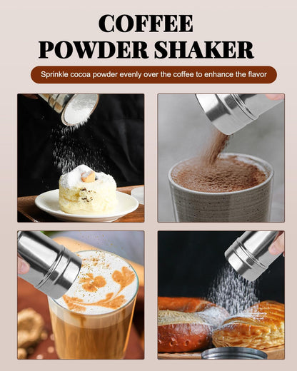 Milk Frothing Pitcher 350ml/12oz Steaming Pitchers Stainless Steel Milk Cappuccino Coffee with Decorating Art Pen, Powder Shaker, 16 Pieces Coffee Decorating Stencils