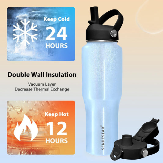 SENDESTAR 40oz Stainless Steel Water Bottle(Cold for 48 Hrs, Hot for 24 Hrs),Double Wall Vacuum Insulated Bottle with Straw Lid, Spout Lid and Flex Cap, Fit in Any Car Cup Holder TXIN-40-Laser Blue