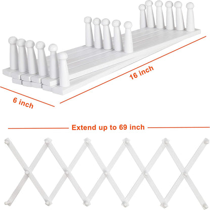 Dseap Accordian Wall Hanger: 16” High Wooden Wall Expandable Coat Rack, Hat Rack Holder, Accordion Hook for Baseball Caps, Coats, Mugs, 17 Peg Hooks, White
