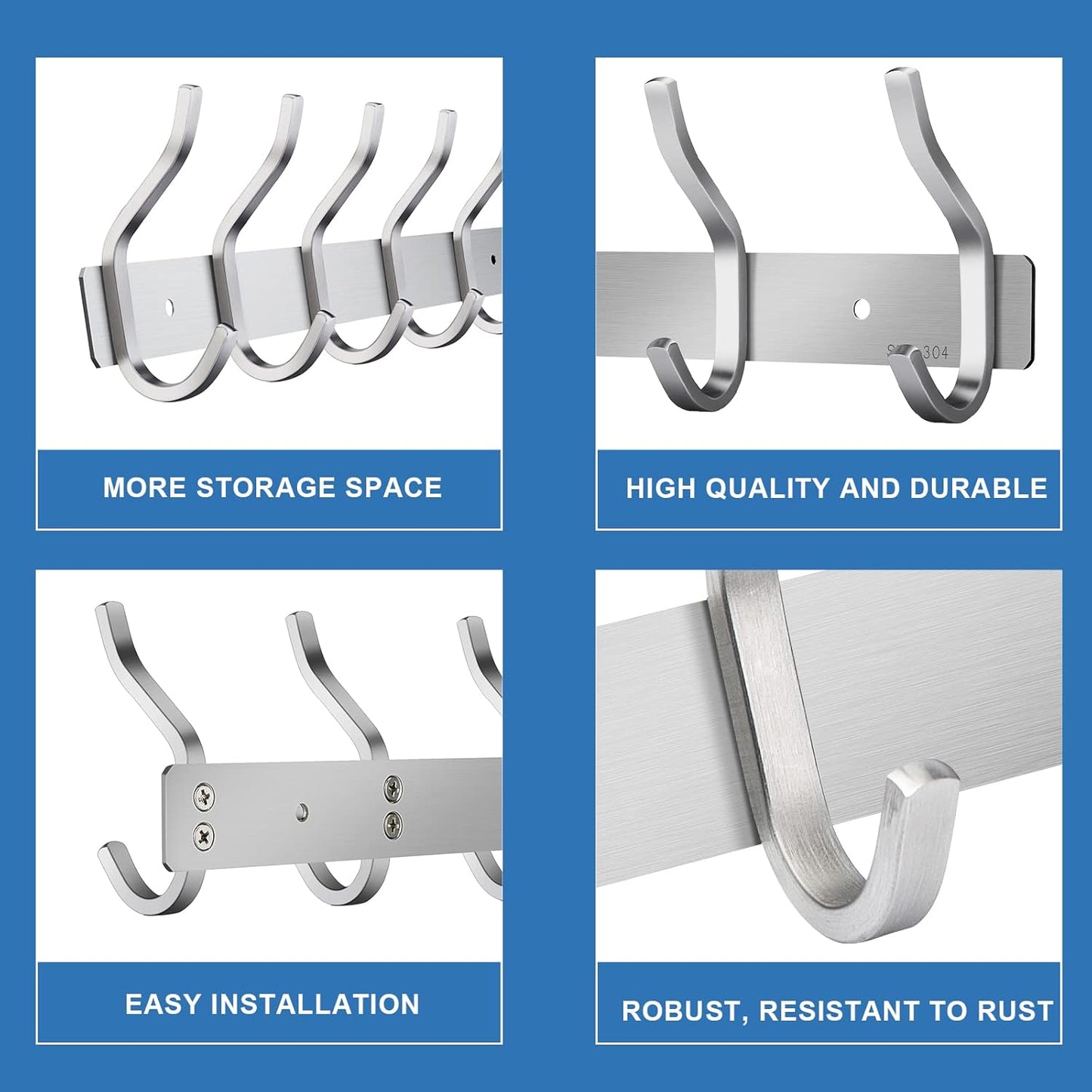 Wall Hooks Heavy Duty, 12 Inch Coat Rack Wall Mount with 4 Hooks, Silver Wall Hooks Hangers for Entryway, Bathroom - for Hanging Backpack, Bag, Coat, Purse, Hat, Towel, Clothes,2 Packs