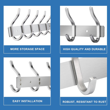 Wall Hooks Heavy Duty, 12 Inch Coat Rack Wall Mount with 4 Hooks, Silver Wall Hooks Hangers for Entryway, Bathroom - for Hanging Backpack, Bag, Coat, Purse, Hat, Towel, Clothes,2 Packs