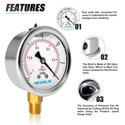 MEANLIN MEASURE -30inHG~0Psi Stainless Steel 1/4" NPT 2.5" FACE DIAL Vacuum Pressure Gauge, Lower Mount (Pack of 2), with 1/2" NPT and 3/8" NPT Hex Bushing