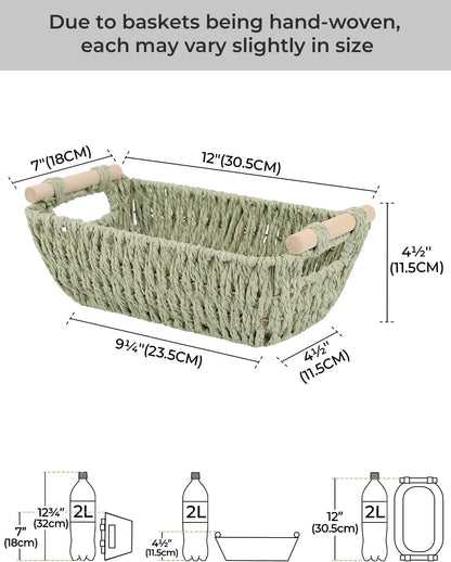 StorageWorks Round Paper Rope Woven Basket with Wooden Handles for Gifts, Small Woven Baskets for Bathroom, Bosana Green, 2-Pack