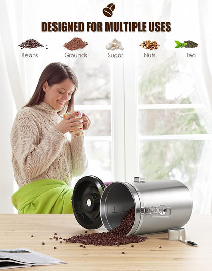 Airtight Coffee Canister, HAIOOU 22OZ Large Stainless Steel Coffee Bean Storage Container with Date Tracker, Measuring Scoop, 6Pcs CO2 Valves and Mini Tongs for Beans, Grounds, Sugar and more - Silver
