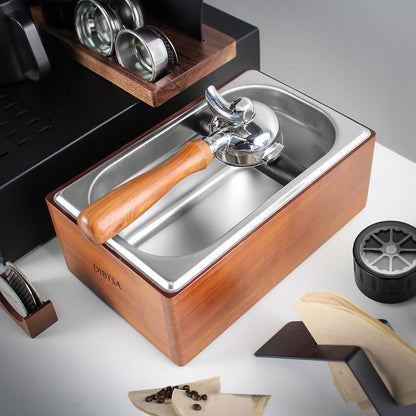 Knock Box Espresso, Coffee knockbox with Rubber Knock Bar and Anti-slip Pad, Commercial Use Large Capacity, Stainless Steel and Wooden, Espresso Accessory
