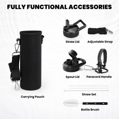 Insulated Water Bottle 24oz, Triple Wall Vacuum Stainless Steel (Cold for 48 Hrs, Hot for 24Hrs), Leak Proof & Non-BPA, 24oz Hydro Water Flask with Paracord Handle & Straw Spout Lids