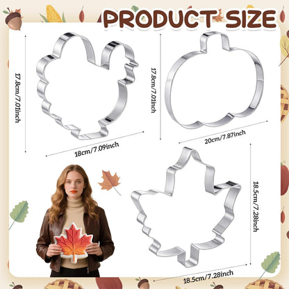 3 Pcs Large Thanksgiving Cookie Cutters Set 8 Inch Extra Large Pumpkin Maple Leaves Turkey Shapes Stainless Steel Metal Cookie Cutters Molds for Thanksgiving Baking Party Kitchen Accessories