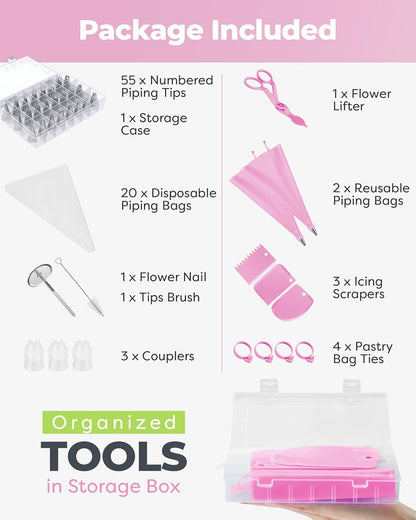 Kootek 90 PCs Piping Bags and Tips Set, Cake Decorating Supplies Kit with 55 Numbered Icing Piping Tips, 20+2 Pastry Bags for Cake Cupcake, Frosting Piping Kit with Booklet and eBook