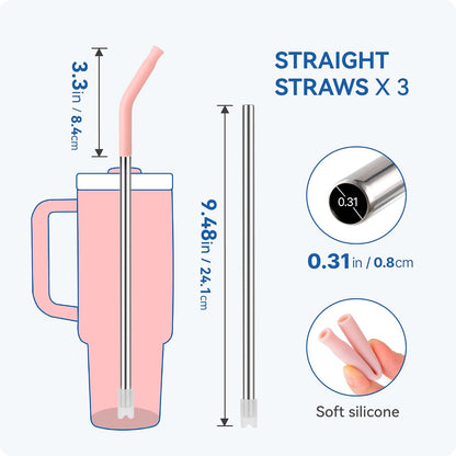Reusable Metal Straws with Silicone Tip for Stanley 30oz,Stainless Steel Drinking Straws for 30oz Tumbler,3 Straight Tubes & 6 Tips& 1 Cleanr Brush (Vivid Violet)