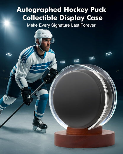 Hockey Puck Display Case, Premium Acrylic Display Box, UV Fade Protection, Solid Mahogany Base & Puck Holder, Signed Puck Collector's Showcase, for Hockey Enthusiasts, 3.15" x 3.15" x 3.07"