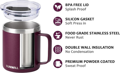 SUNWILL Travel Coffee Mug with Lid, Insulated Tumbler with Handle, 14 oz Stainless Steel Cup for Camping, Office, Home, Powder Coated Plum
