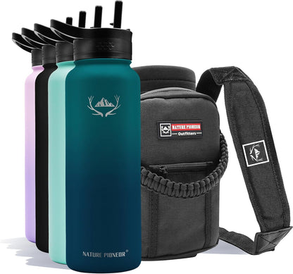 NATURE PIONEOR Insulated Water Bottles with Straw - 40oz Stainless Steel Vacuum Bottle with Holder/Carrier/Sleeve - Reusable 18/8 Food Grade 40 oz Water Jug