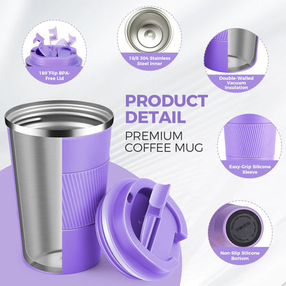 Volhoply 13 oz Stainless Steel Insulated Travel Coffee Mug with Fip Lid Bulk 4 Pack,Reusable Double Wall Vacuum Metal Coffee Cup,Portable Leak Proof Thermal Tumbler for Hot & Cold Drinks(Purple,4)