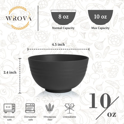 Handy Wheat Straw Bowls Set of 6,Unbreakable Ice-Cream Bowls Sets for Kids,10oz Small Dessert Bowls for Kitchen,Camping and RV.Black Series
