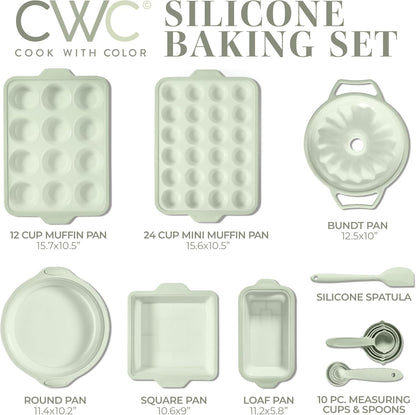 COOK WITH COLOR 17 Pc. Silicone Baking Pan Set - Non-Stick & Easy Clean Silicone Muffin Pans for Baking with Sturdy Metal Frame for Stability, Flexible Cake Molds, Includes Measuring Cups and Spoons