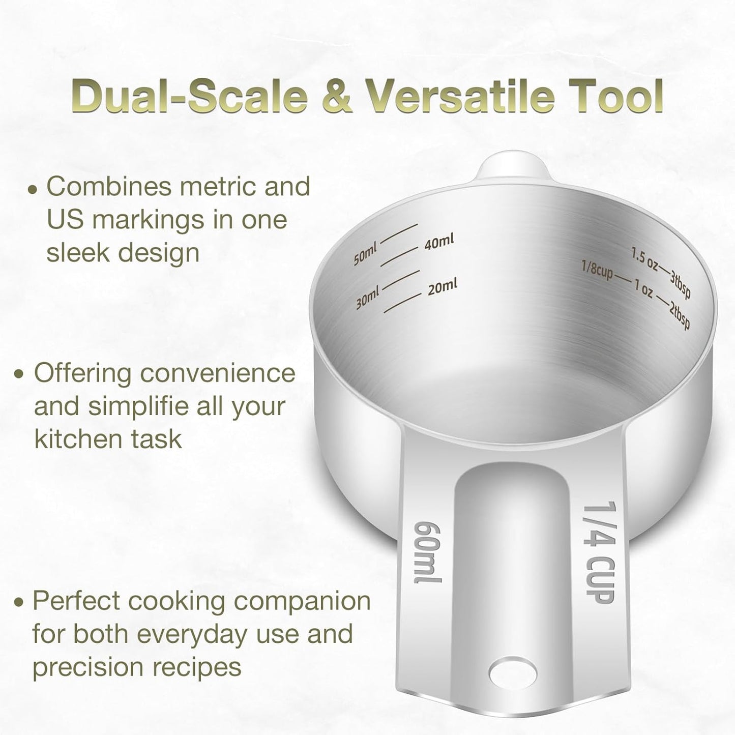 1PCS 1/4Cup (60ml, 2oz) Single Measuring Cup, Etched Inner Scale Stainless Steel Measure Scoop, Metric and US Measurement, Dishwasher Safe