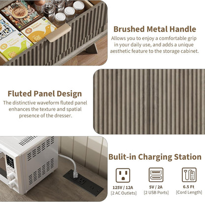 QUW Fluted Sideboard Buffet Cabinet with Charging Station, 47.2" Kitchen Storage Cabinet with Drawers and Adjustable Shelves, Modern Coffee Bar Kitchen Table for Dining Room, Living Room, Grey