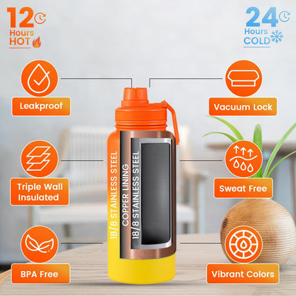 Lexlion 32 Oz Triple Walled Insulated Stainless Steel Fruit Infuser Bottle, Thermal Leaf Infuser, Silicone Sleeve, 3 Lids Leakproof, Metal Mug Gallon