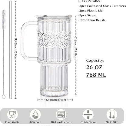 INSETLAN 26oz Ribbed & Floral Glass Tumblers with Handle and Lid, Set of 2 –Reusable Iced Coffee Cups with Straw, Glass Mugs for Water, Smoothies, Tea, and Juice – Ideal for Travel & Daily Use