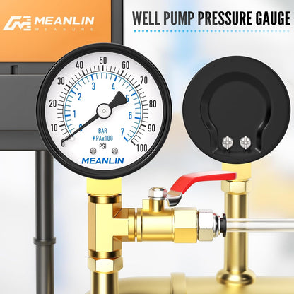 MEANLIN MEASURE 0-100Psi 2" DIAL FACE 1/4" NPT Well Pump Pressure Gauge, with 1/2" NPT and 3/8" NPT Hex Bushing, 3-2-3% Accuracy, Lower Mount