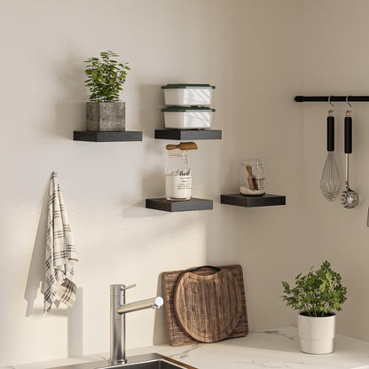 Square Floating Shelves for Wall, 8" W x 8" D x 1.2" H, Small Wooden Wall Mounted Display Shelves with Invisible Brackets for Living Room, Bedroom, Bathroom, Kitchen Decor, Set of 4, Black