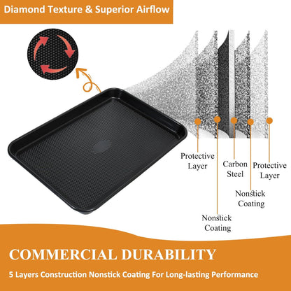 SS&CC Nonstick Baking Sheet Pan Set of 3, 0.8mm Carbon Steel Cookie Sheets for Oven - Half/Quarter/Jelly Roll Pans with Diamond Texture, PFOA-Free & Oven Safe (17.5x12, 15.5x10.2, 13.5x9.5 Inch)