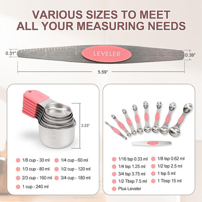16-Piece Stainless Steel Measuring Cups and Spoons Set, Strong Magnetic Nesting Design 7 Cups 8 Spoons with Leveler, Double Measurement Markings for Dry & Liquid Ingredients, Pink